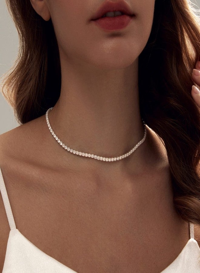 Zeffy Tennis Necklace for Women 18K Silver Plated Rhinestone Choker Necklaces Dainty Zirconia Cut Faux Diamond chain Wedding Jewelry for Women - Image 3
